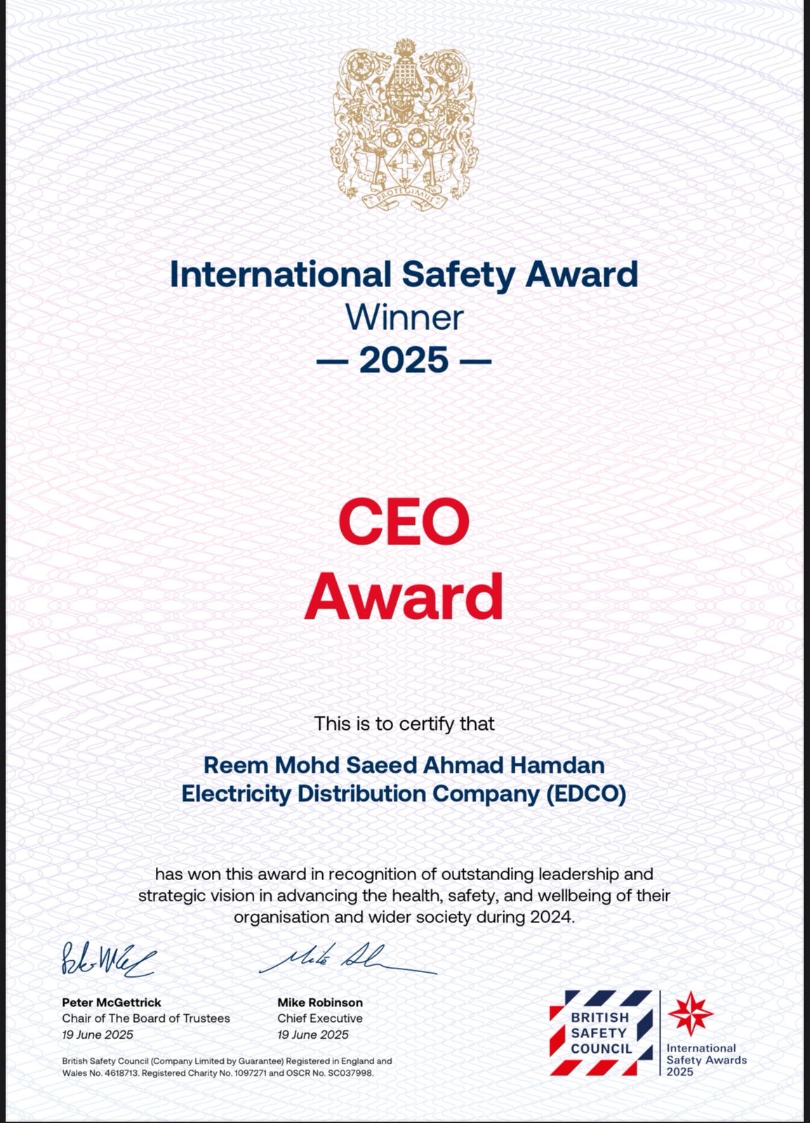 مدير عام “توزيع الكهرباء” تحصد جائزة الرئيس التنفيذي لعام 2025 من المجلس البريطاني للسلامة الدولية مدير عام “توزيع الكهرباء” تحصد جائزة الرئيس التنفيذي لعام 2025 من المجلس البريطاني للسلامة الدولية