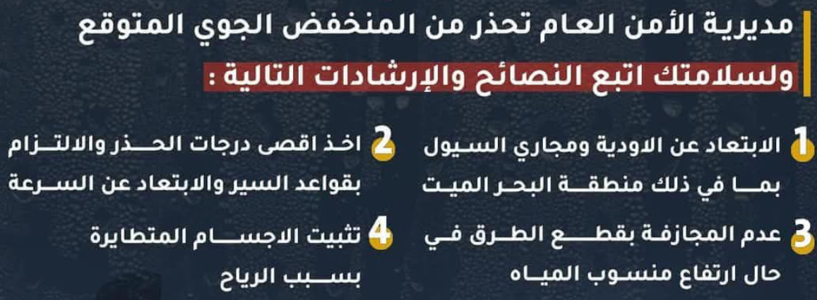 الأمن العام يحذر من المنخفض الجوي المتوقع في اليومين القادمين الأمن العام يحذر من المنخفض الجوي المتوقع في اليومين القادمين